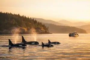 Orka's die opdoken bij de San Juan Islands bij gouden uurlicht met groene eilanden en walviskijkboot op achtergrond