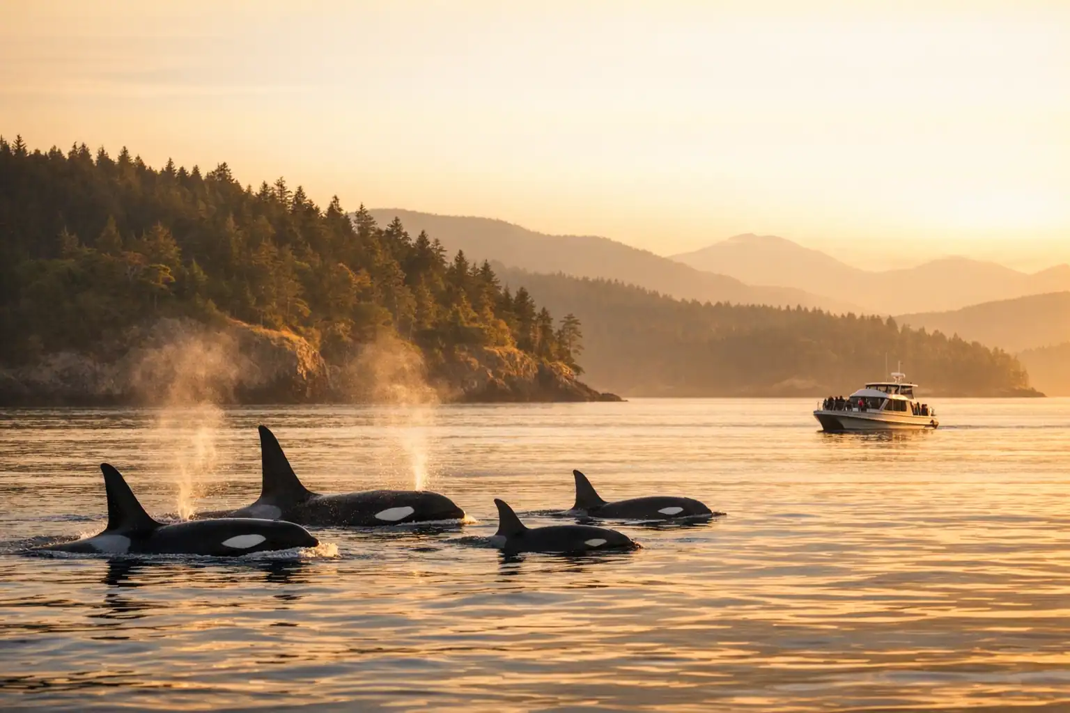 Orka's die opdoken bij de San Juan Islands bij gouden uurlicht met groene eilanden en walviskijkboot op achtergrond