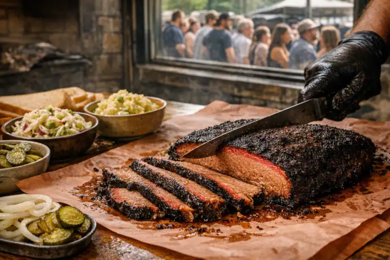 Gerookte brisket die gesneden wordt bij Franklin BBQ in Austin met perfecte smoke ring en wachtende klanten buiten
