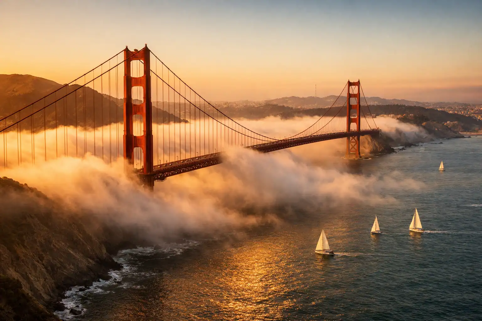 Golden Gate Bridge bij zonsondergang met mist onder de torens, San Francisco Bay in warm licht, zeilboten op het water