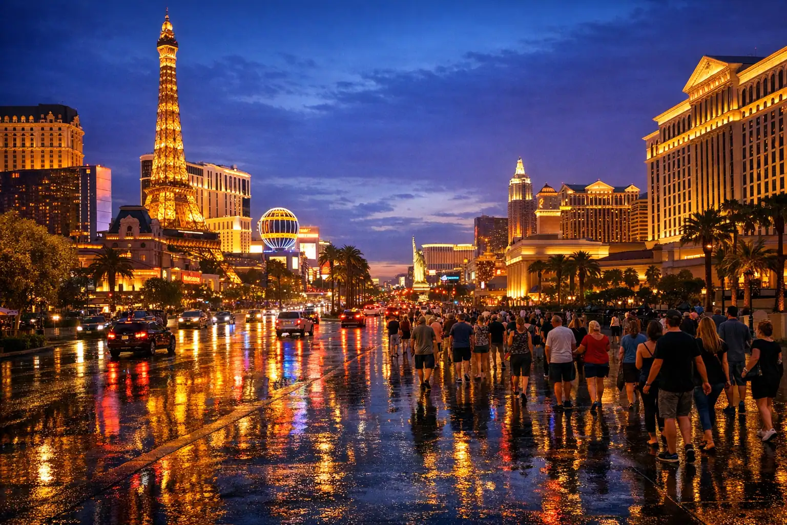 Las Vegas Strip bij schemering, neonlichten weerspiegeld op nat wegdek na regen, iconische casinogebouwen, toeristen op de boulevard