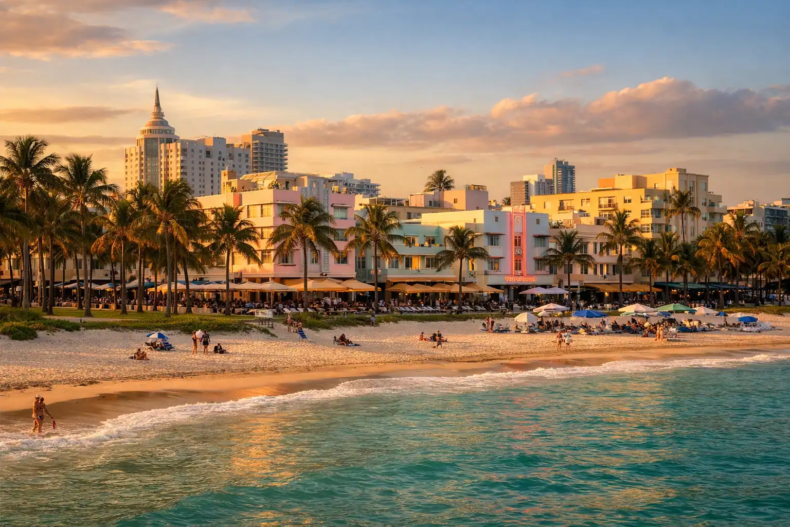 South Beach Miami bij zonsondergang, Art Deco gebouwen in pastelkleuren, palmbomen langs Ocean Drive, turquoise water en wit zandstrand