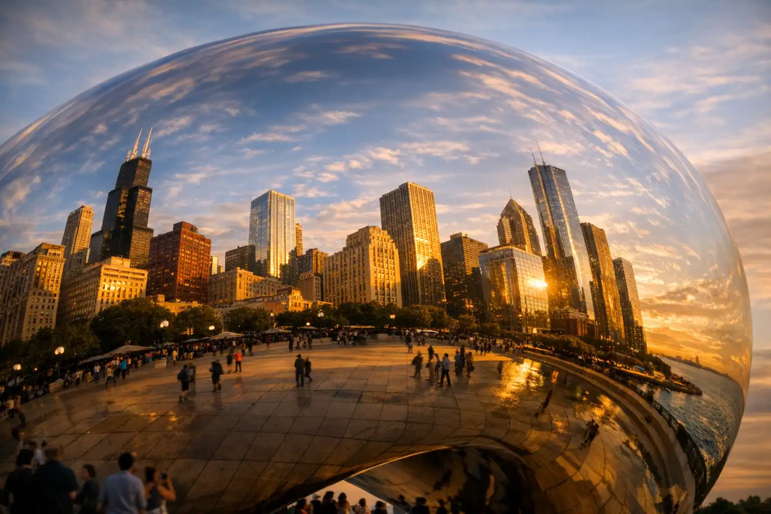 Chicago skyline weerspiegeld in Cloud Gate (The Bean) in Millennium Park, gouden licht op glazen wolkenkrabbers, Lake Michigan op de achtergrond