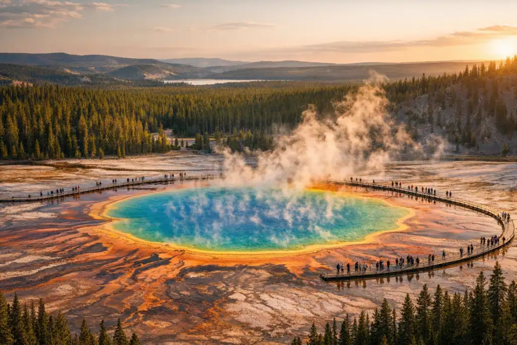 Grand Prismatic Spring in Yellowstone, levendige regenboogkleuren van de hete bron met opstijgende stoom, boardwalk met kleine figuren, dennenbossen eromheen