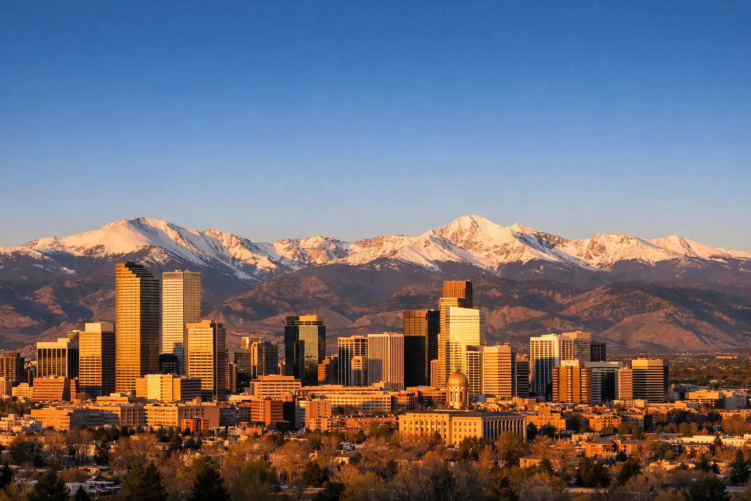 Denver skyline met de Rocky Mountains erachter bij zonsondergang, besneeuwde toppen contrasteren met de moderne binnenstad, helderblauw Colorado-lucht