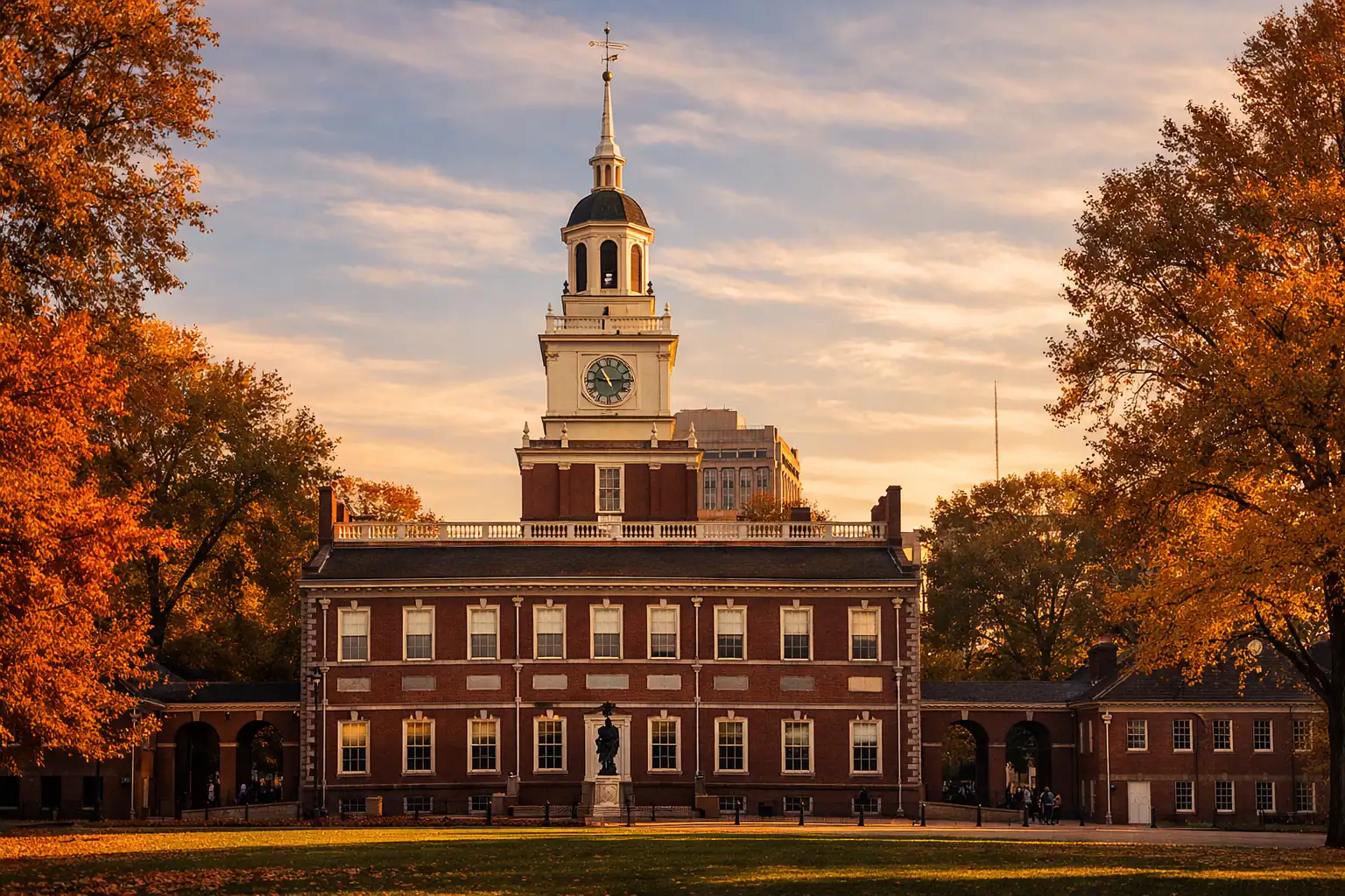 Independence Hall in Philadelphia bij zonsondergang, historisch rood bakstenen gebouw met iconische klokkentoren, herfstbomen die het tafereel omlijsten