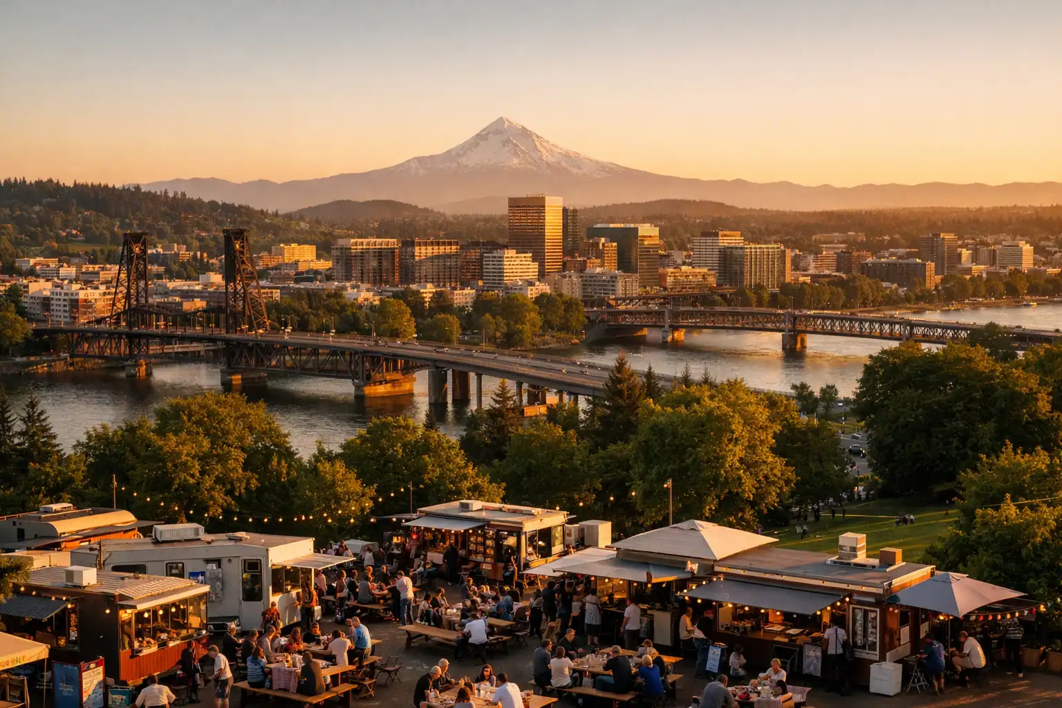 Portland met Mount Hood in de verte bij zonsondergang, groene parken, bruggen over de Willamette River, food cart-plekken op de voorgrond