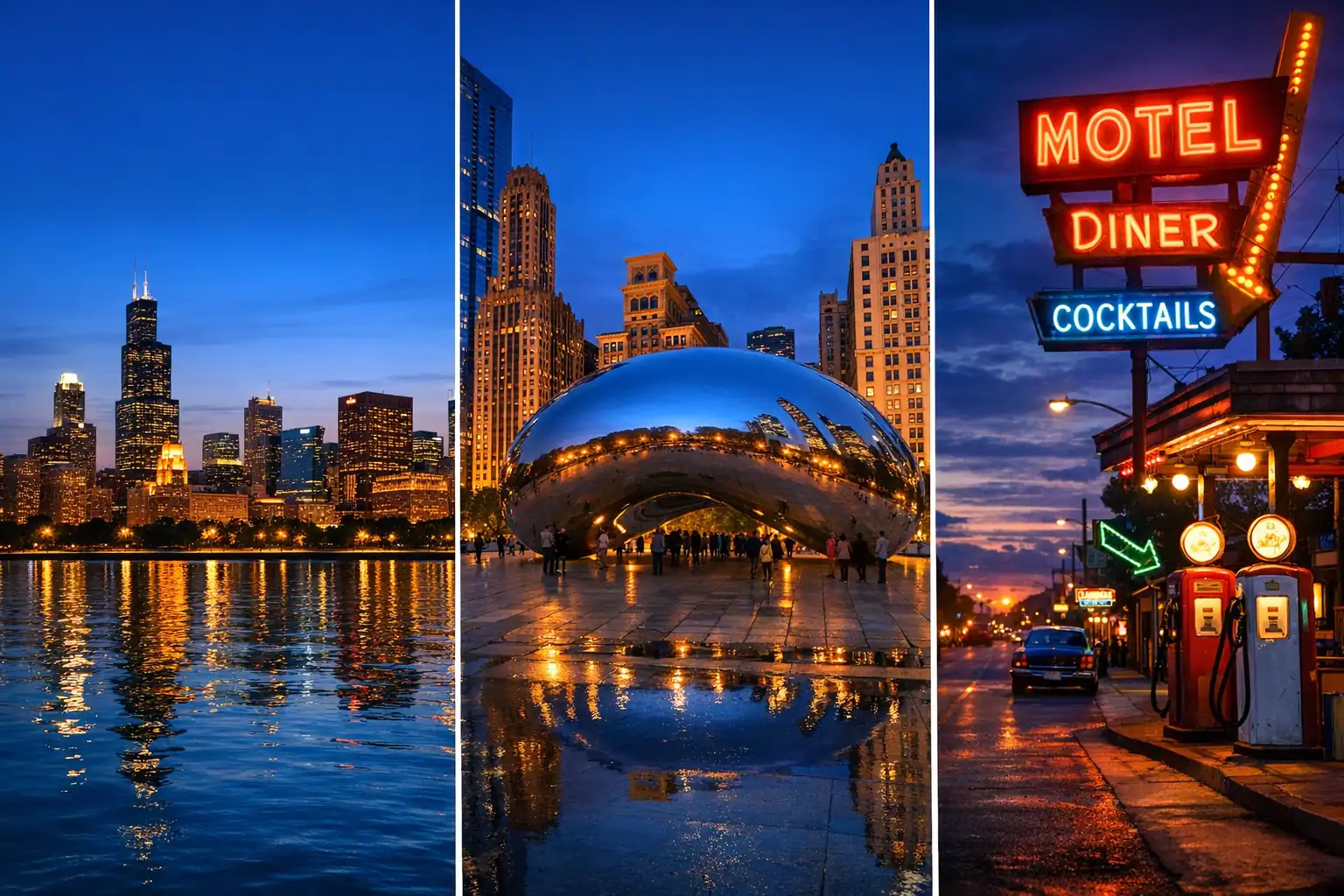 Chicago skyline weerspiegeld in Cloud Gate (The Bean) bij zonsondergang - Rondreis Illinois