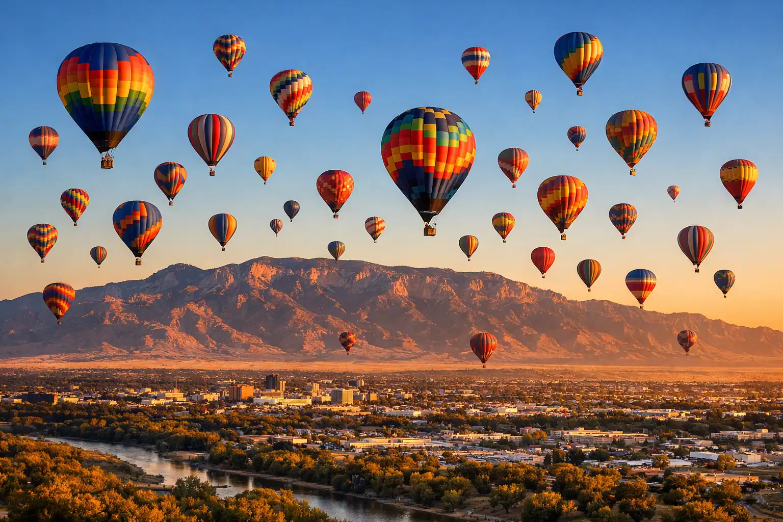 Tientallen heteluchtballonnen boven Albuquerque bij zonsopgang tijdens de Balloon Fiesta, Sandia Mountains op de achtergrond, heldere New Mexico-lucht