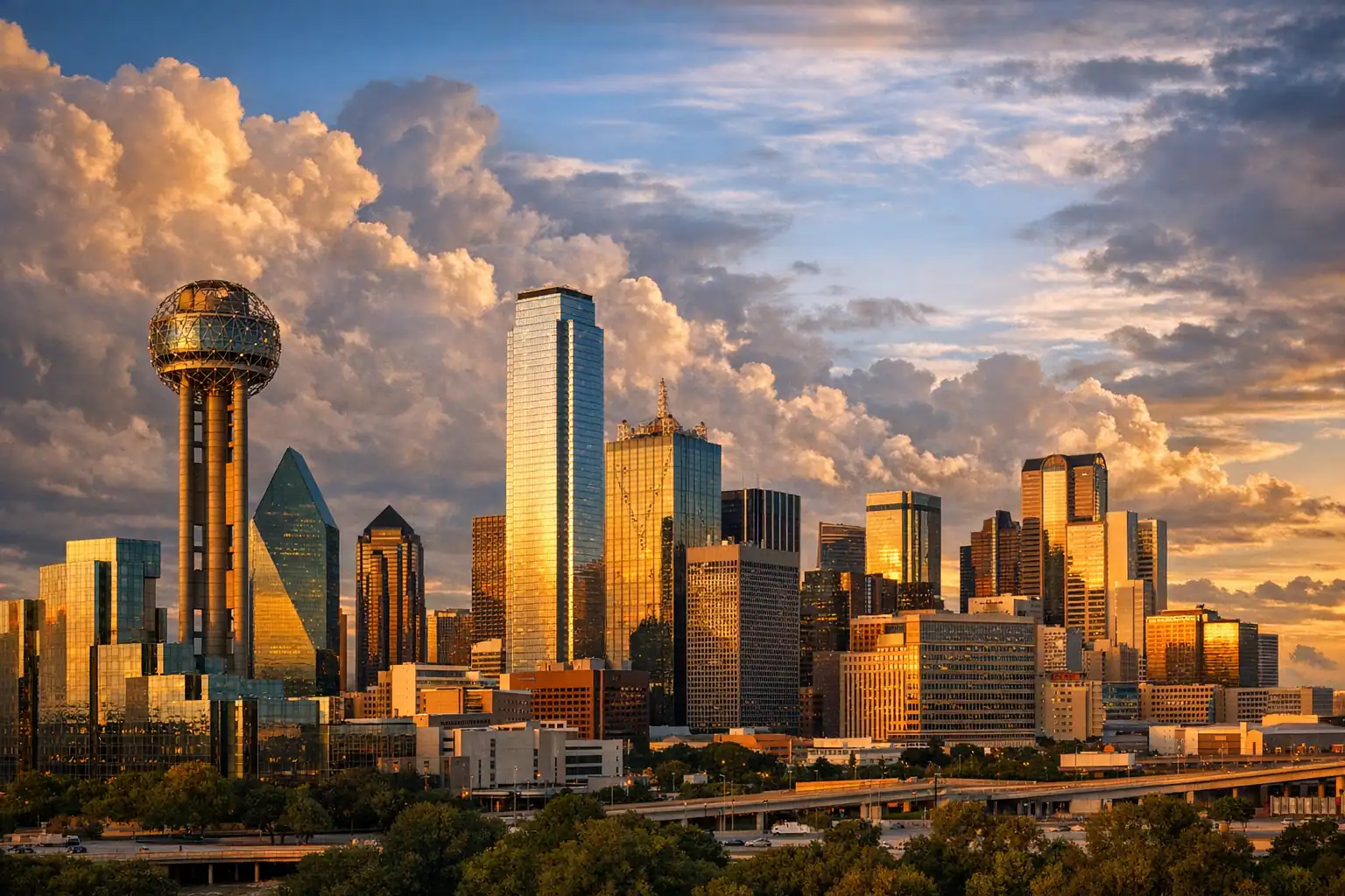 Dallas skyline met Reunion Tower bij zonsondergang, glazen wolkenkrabbers in warm licht, dramatische wolken aan een enorme Texas-lucht