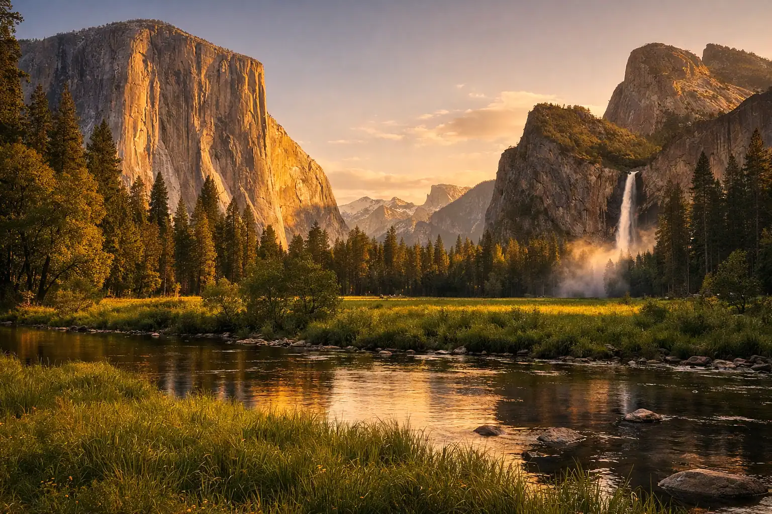 Yosemite Valley bij zonsondergang, El Capitan en Half Dome zichtbaar, Bridalveil Fall in nevel, groene weide met de Merced River op de voorgrond