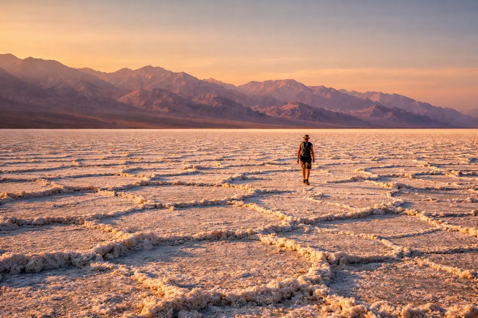 Badwater Basin in Death Valley bij zonsondergang, uitgestrekte witte zoutvlakten tot aan de horizon, paarse bergen in de nevel, één persoon die loopt voor schaal