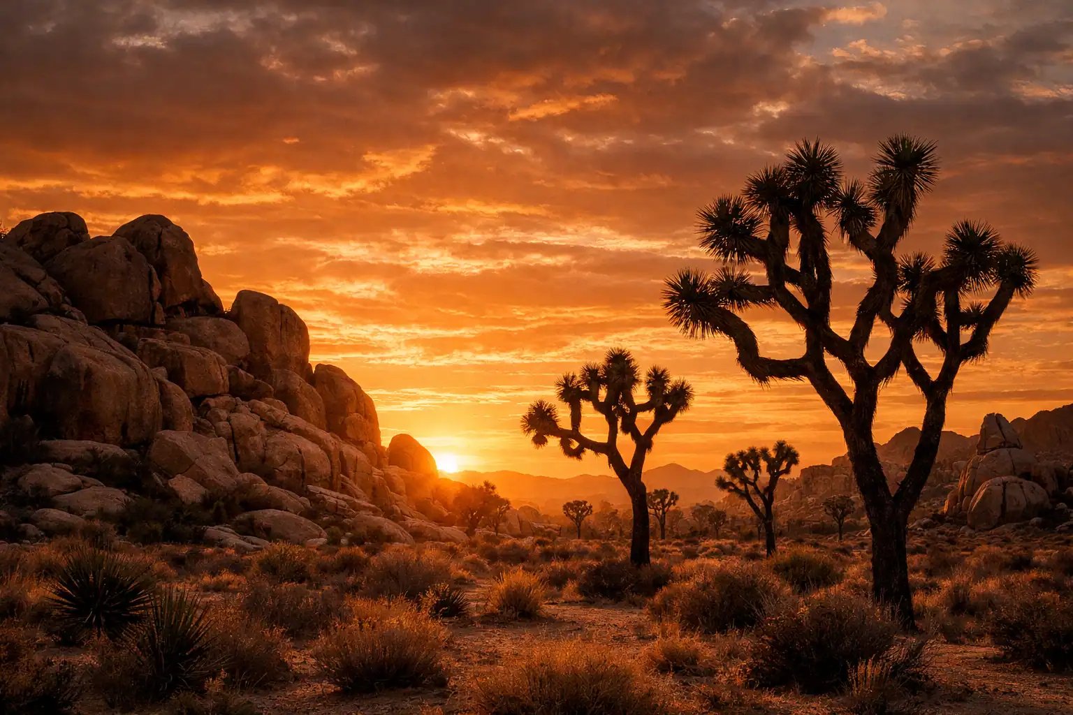 Joshua Tree National Park bij zonsondergang, kronkelige Joshua Trees als silhouet tegen dramatische oranje lucht, massieve rotsblokken, woestijnlandschap