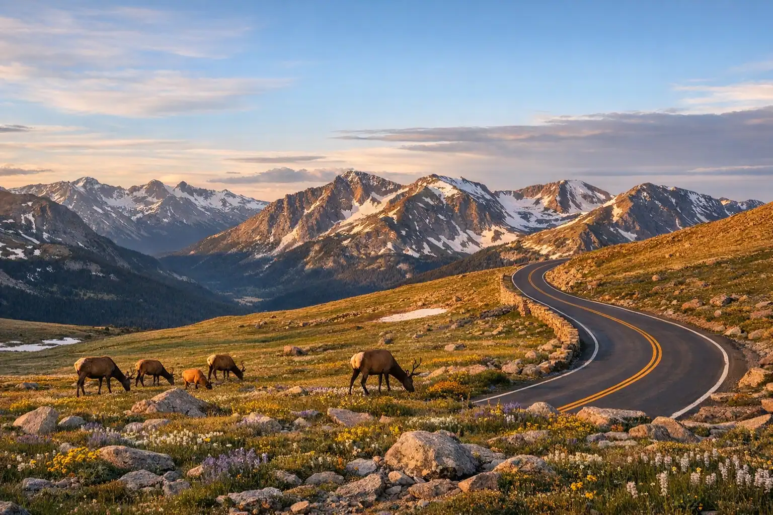 Trail Ridge Road in Rocky Mountain National Park, alpine toendra weide met wildbloemenvelden, besneeuwde toppen boven 4000 meter, grazende elanden