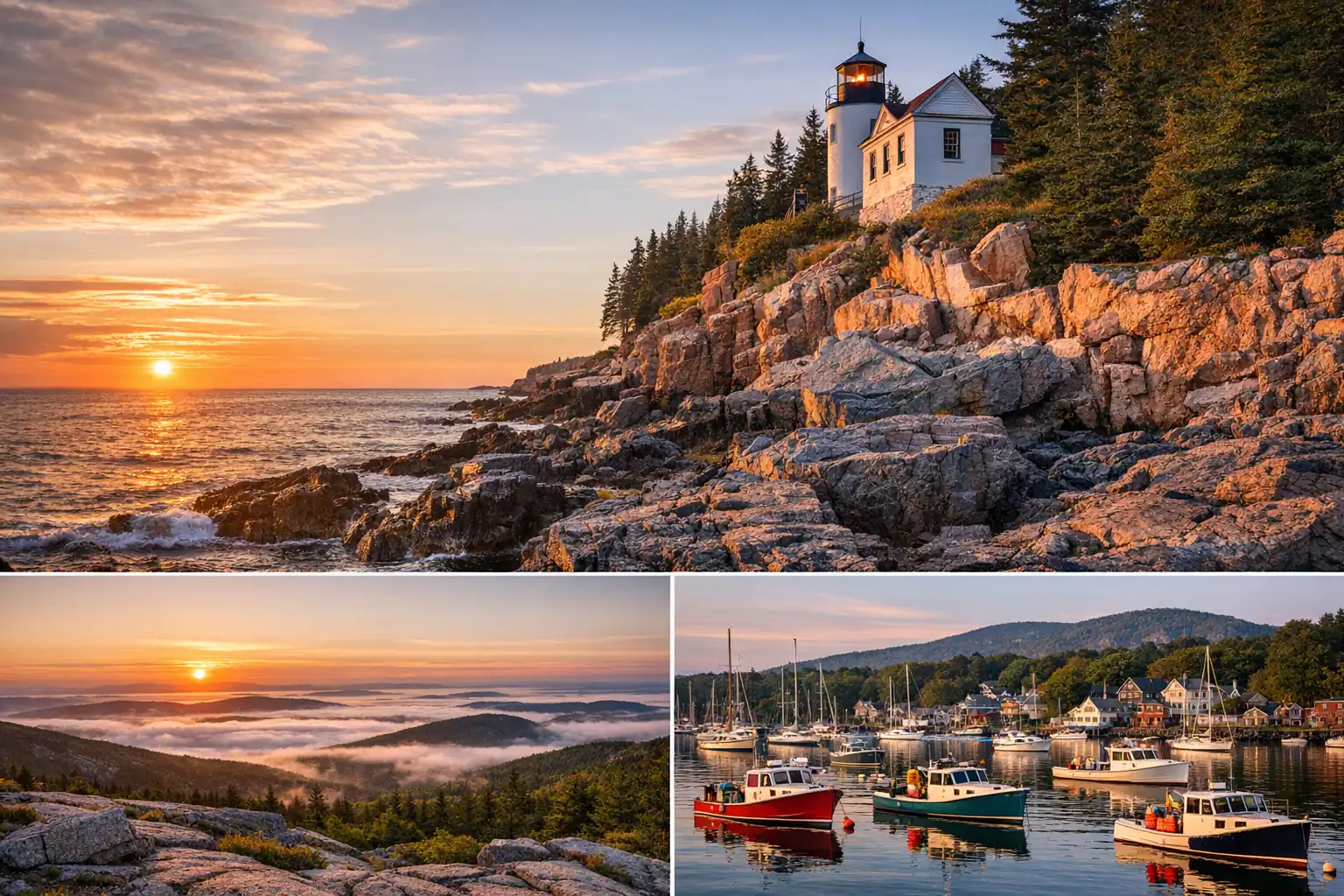 Cadillac Mountain in Acadia National Park bij zonsopgang met rotsachtige kust - Rondreis Maine