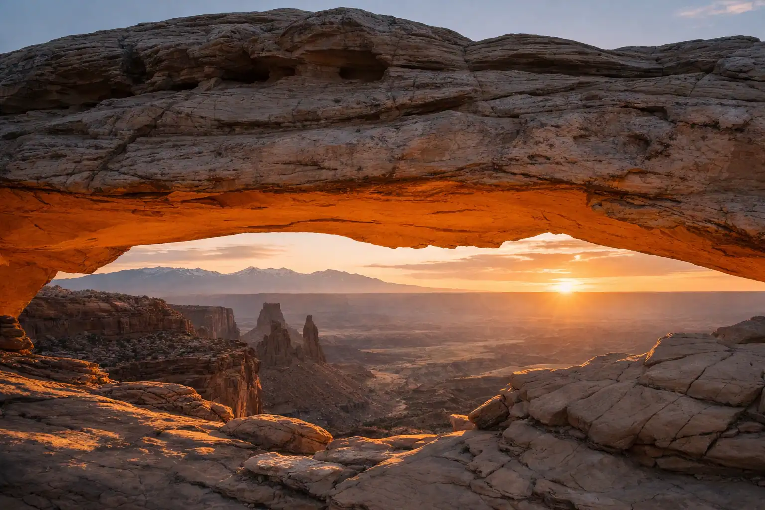 Mesa Arch in Canyonlands bij zonsopgang, de boog die de canyon eronder omlijst met de La Sal Mountains in de verte, gouden licht dat de onderkant van de boog verlicht