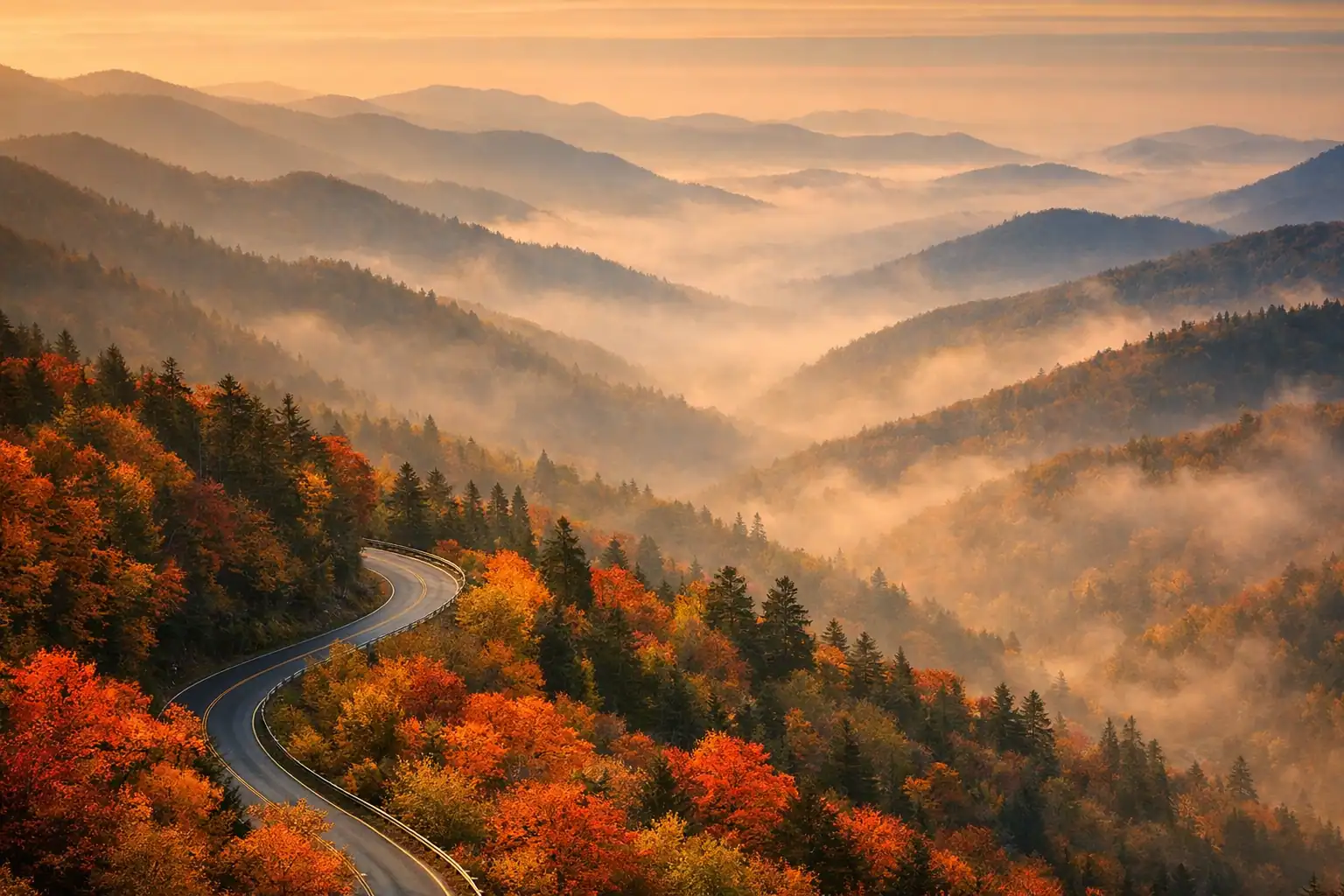 Great Smoky Mountains bij zonsondergang, lagen blauwgroene bergkammen verdwijnend in mist, herfstkleuren in felle oranje- en roodtinten, een kronkelende bergweg