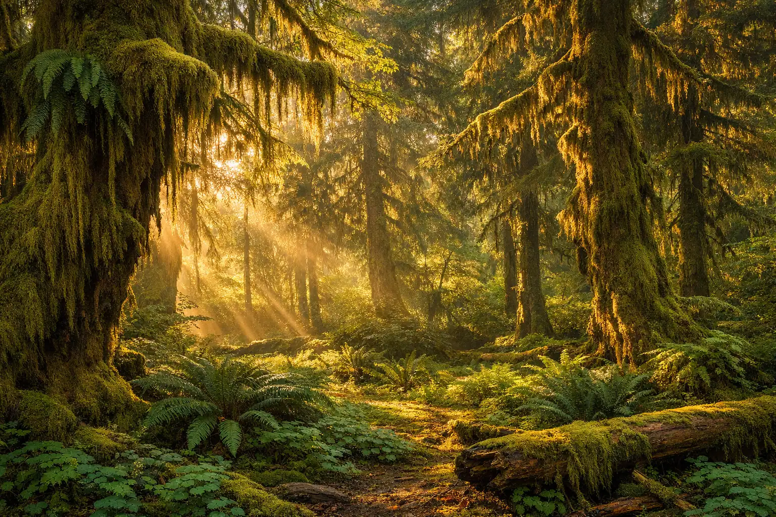 Hoh Rain Forest in Olympic National Park, enorme mosbegroeiide bomen met hangende varens, smaragdgroene bosvloer, etherisch ochtendlicht dat door filtert