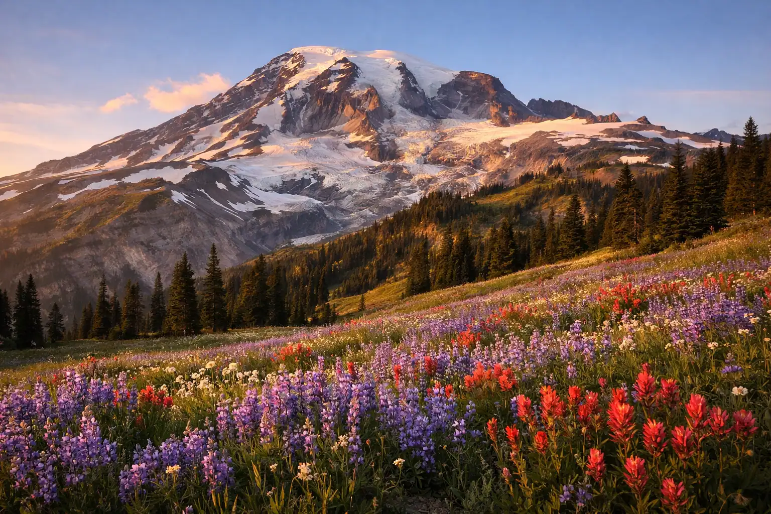 Mount Rainier met wildbloemenvelden bij Paradise in de zomer, besneeuwde vulkanische top boven velden van paarse lupine en Indian paintbrush
