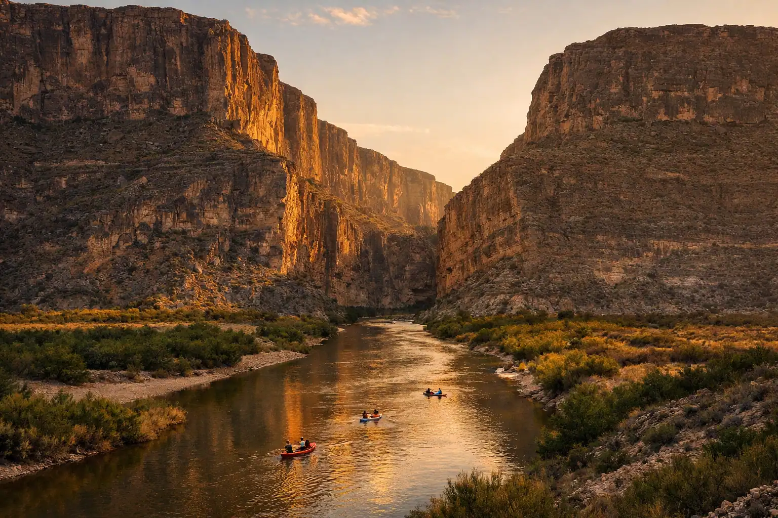 Santa Elena Canyon in Big Bend National Park bij zonsondergang, de Rio Grande snijdend door 450 meter hoge kalkstenen canyonwanden, kajakkers op de rivier
