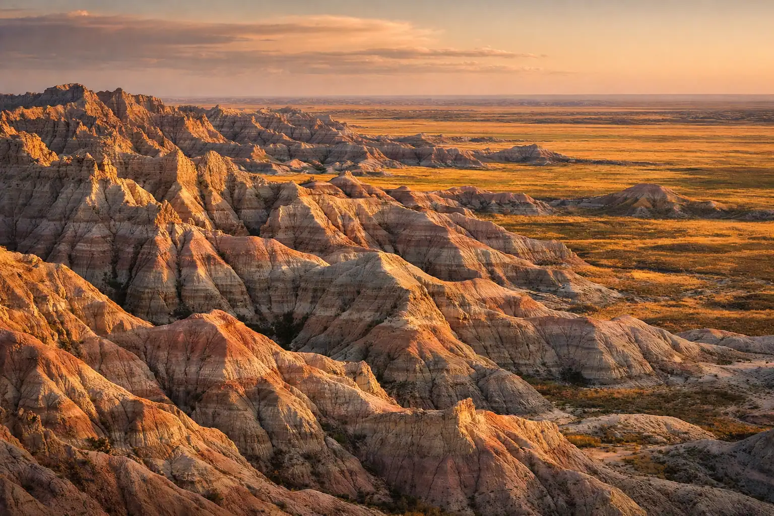 Badlands formaties bij zonsondergang, gestreepte rotslagen in roze, grijs en geel, geërodeerde spitsen en buttes, uitgestrekte prairie erachter