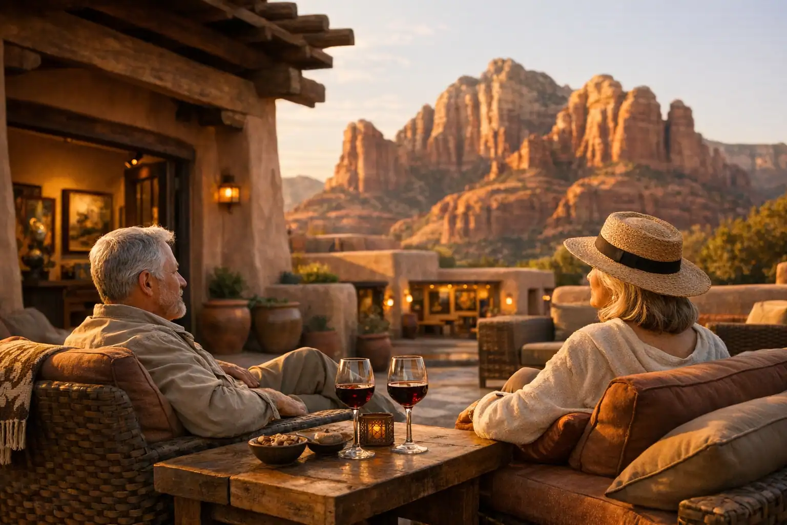 Stijlvol koppel op een terras van een Southwestern adobe hotel met uitzicht op de rode rotsen van Sedona