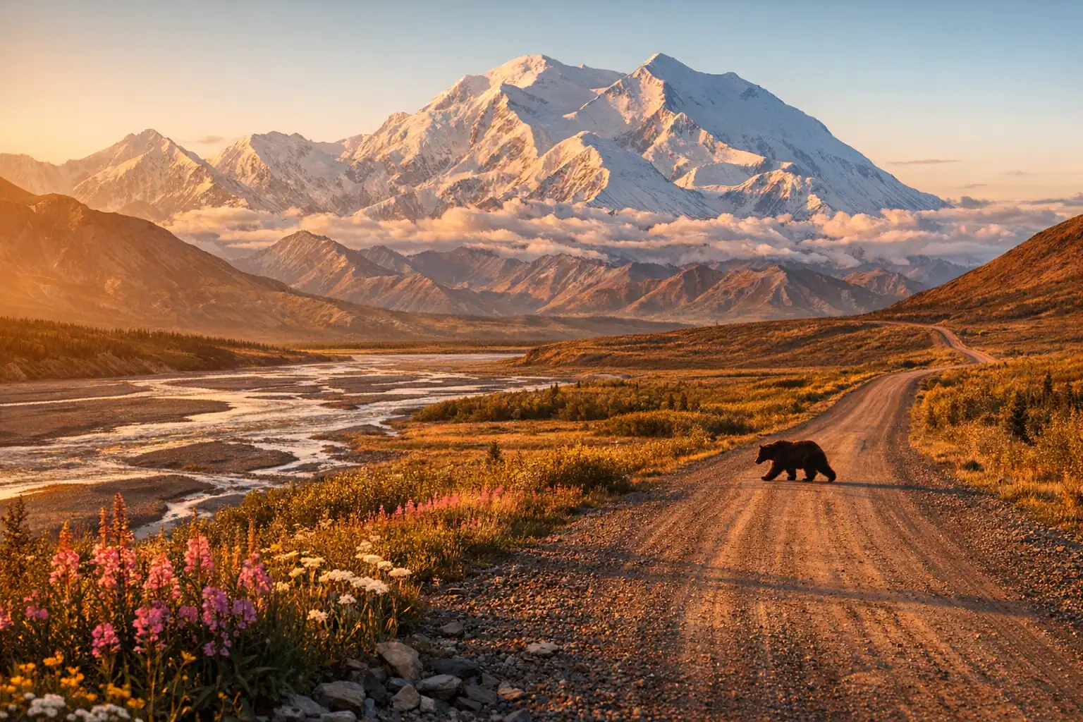 Onverharde weg door uitgestrekte toendra richting de besneeuwde Denali-piek in Alaska bij middernachtzon