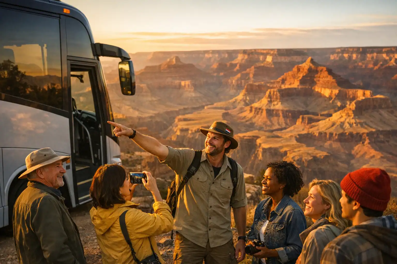 Diverse groep reizigers met Nederlandstalige gids die naar de Grand Canyon wijst bij gouden uur