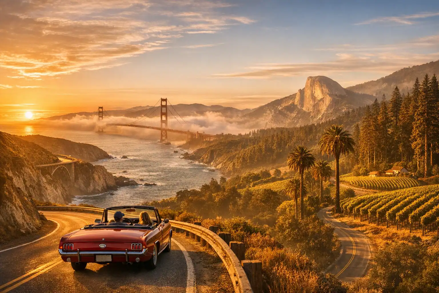 Cabriolet rijdend langs Highway 1 met Big Sur kust, Golden Gate Bridge in de mist en Napa Valley wijngaarden