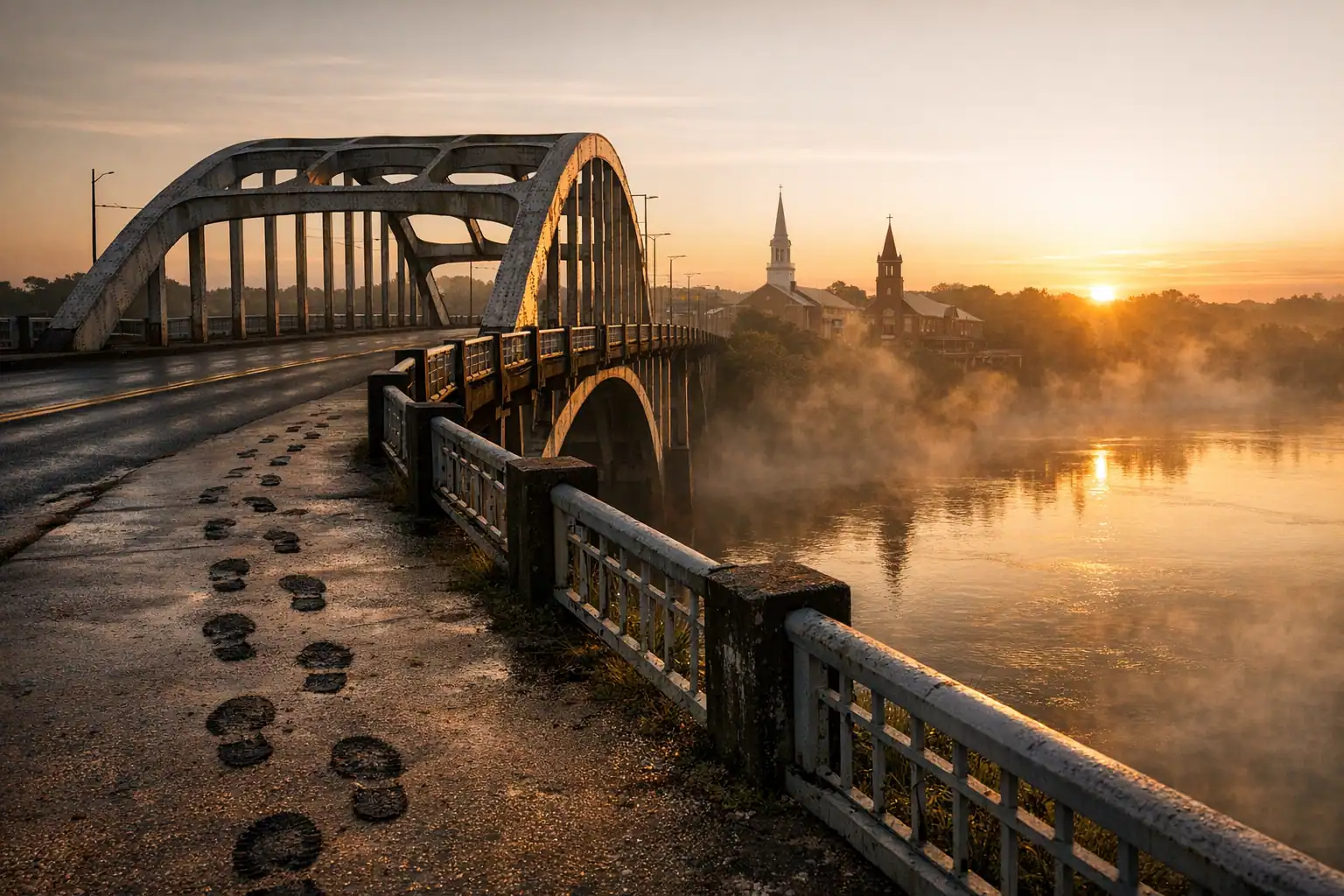 Edmund Pettus Bridge in Selma bij dageraad met ochtendmist boven de Alabama River