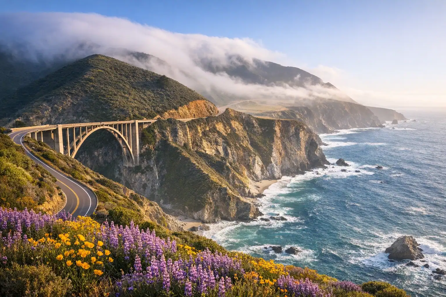 Luchtfoto van Bixby Creek Bridge bij Big Sur boven kliffen en brekende golven in de Pacific