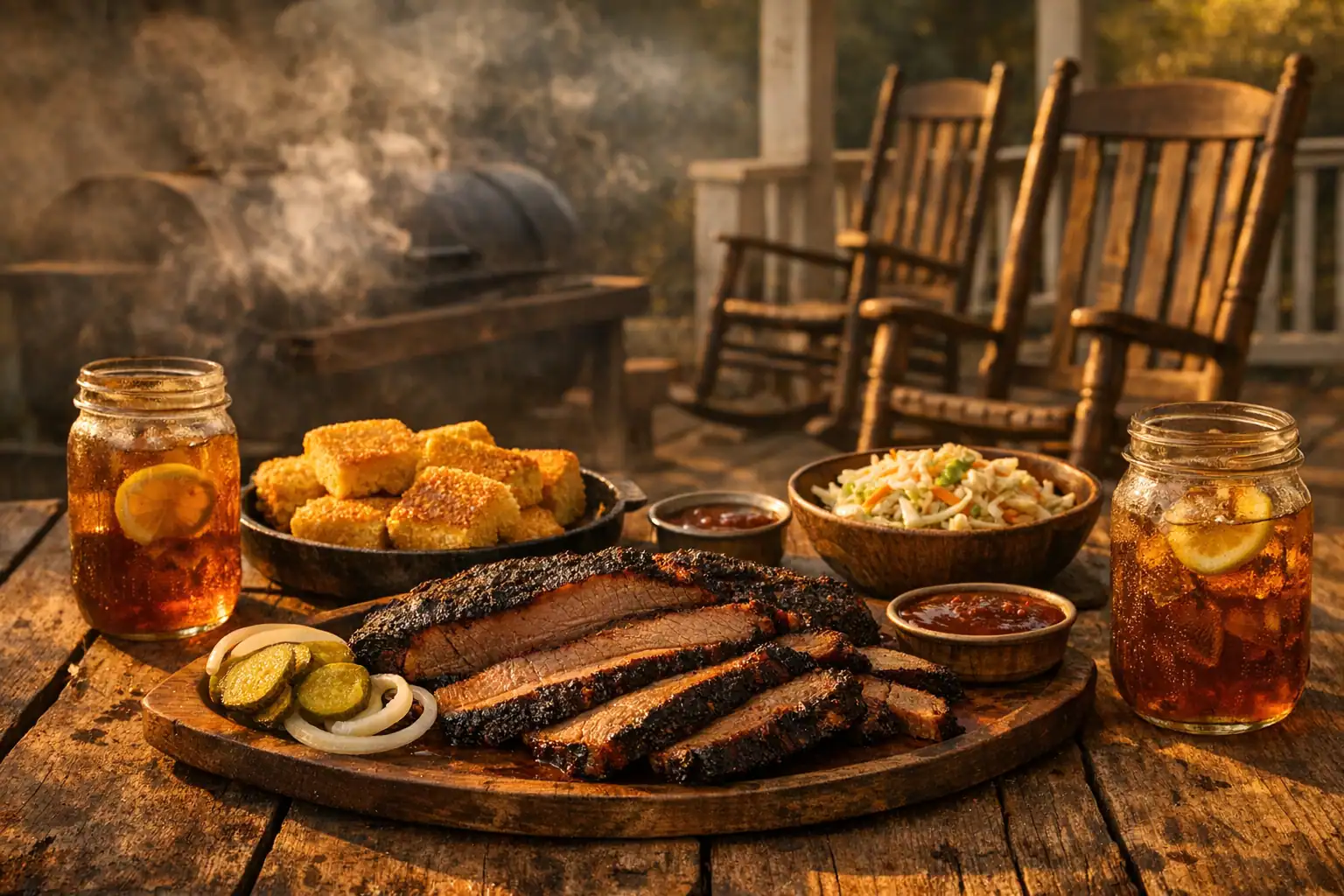 Rustieke houten tafel vol BBQ brisket, cornbread en sweet tea op een Southern veranda bij gouden licht