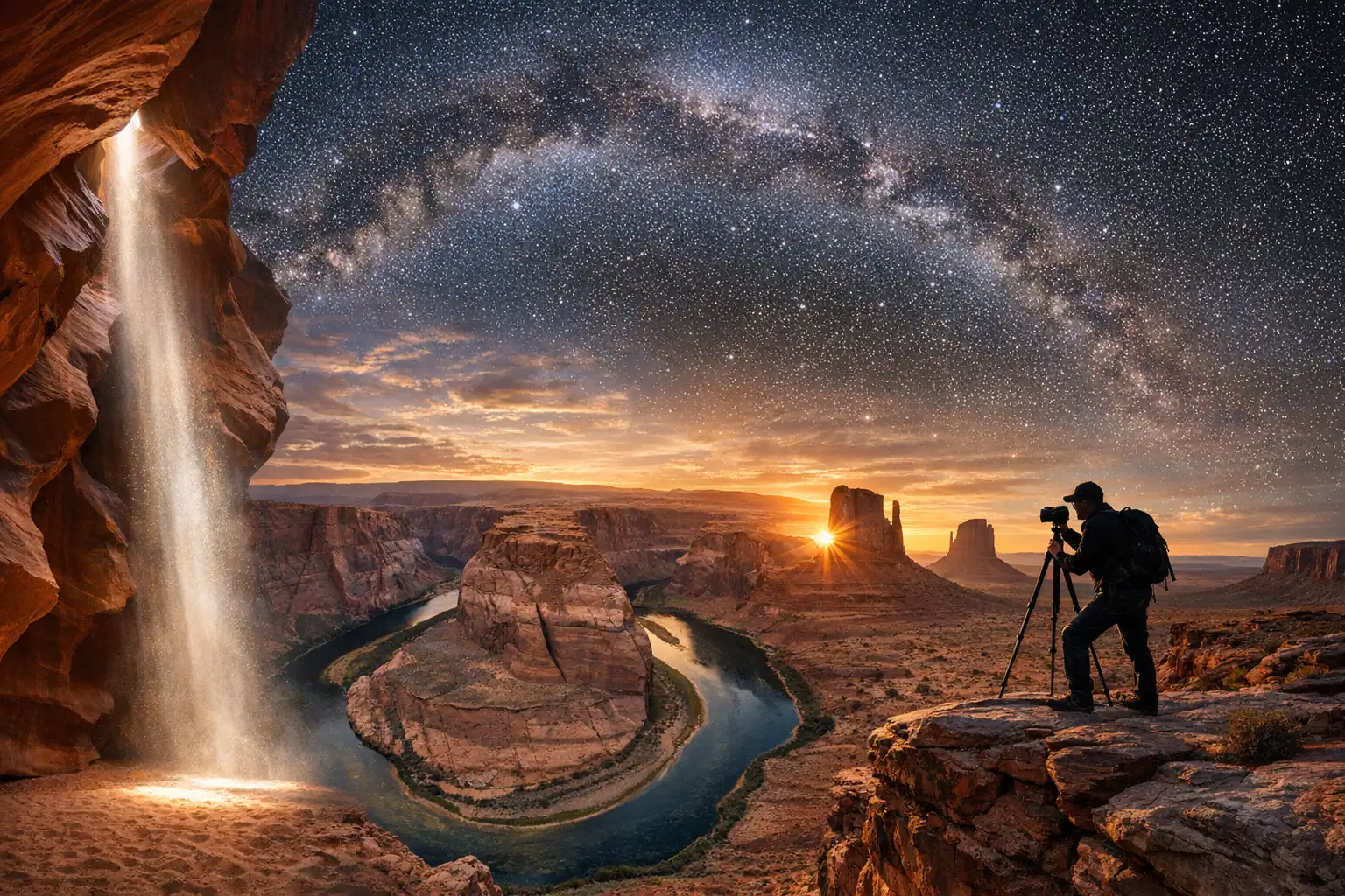 Fotograaf met statief op een klif bij Antelope Canyon met lichtstralen en de Melkweg erboven
