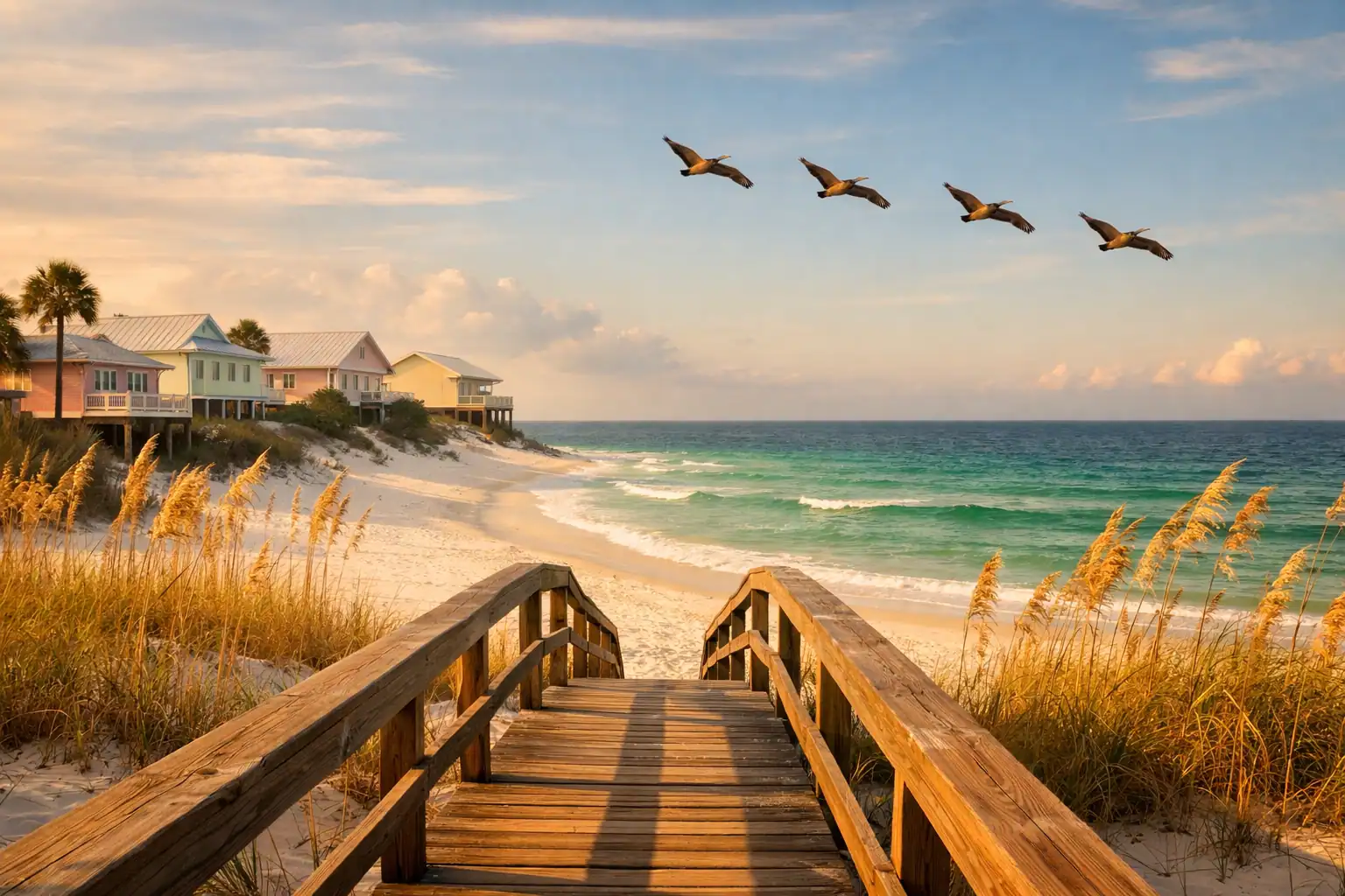 Ongerept wit zandstrand met smaragdgroen water, houten boardwalk, pelikanen en pastelkleurige strandhuisjes aan de Gulf Coast