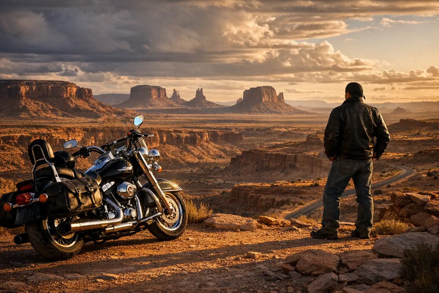 Chromen Harley-Davidson motorfiets geparkeerd bij een uitzichtpunt boven een uitgestrekte woestijncanyon