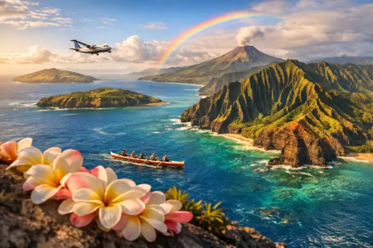 Luchtfoto van een smaragdgroen vulkanisch eiland omringd door turquoise Pacifische wateren bij Hawaii
