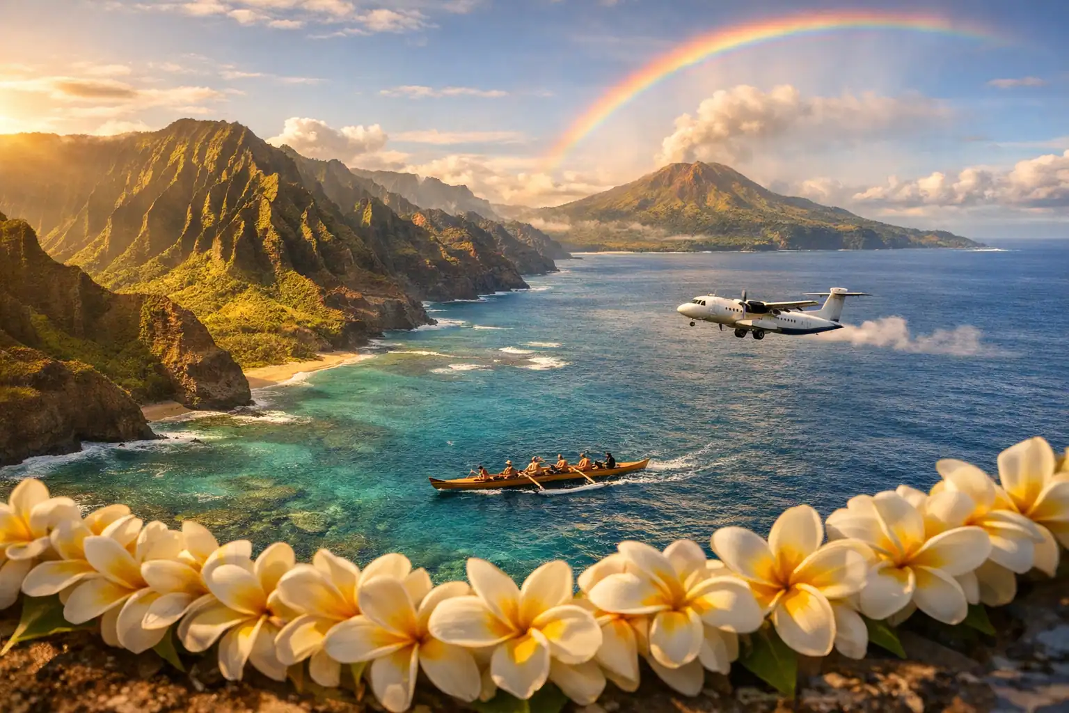 Luchtfoto van een smaragdgroen vulkanisch eiland omringd door turquoise Pacifische wateren bij Hawaii