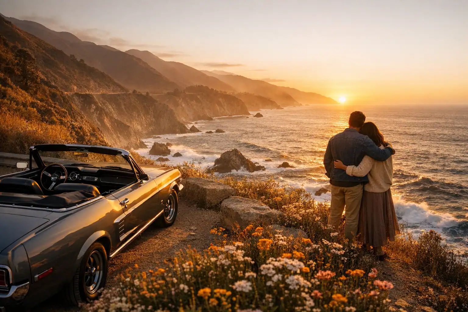 Koppel omhelsd op een kliftop met uitzicht over de Big Sur kustlijn bij zonsondergang met cabriolet
