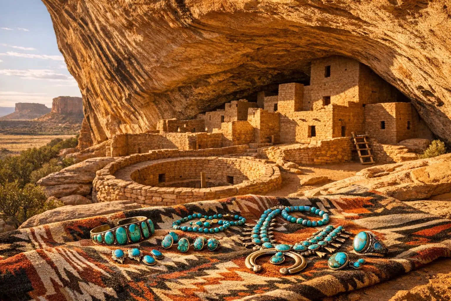 Eeuwenoude pueblo-klifwoning in een dramatische zandstenen alkoof met turquoise sieraden op een geweven deken