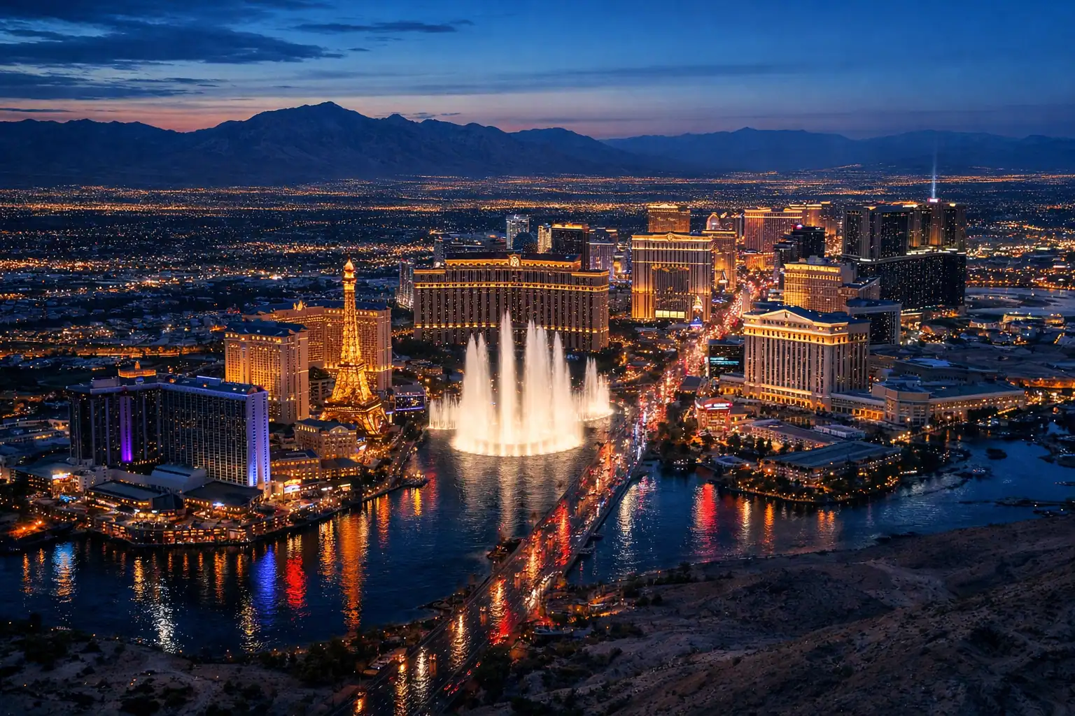 Luchtfoto van de verlichte Las Vegas Strip bij schemering met woestijnbergen op de achtergrond