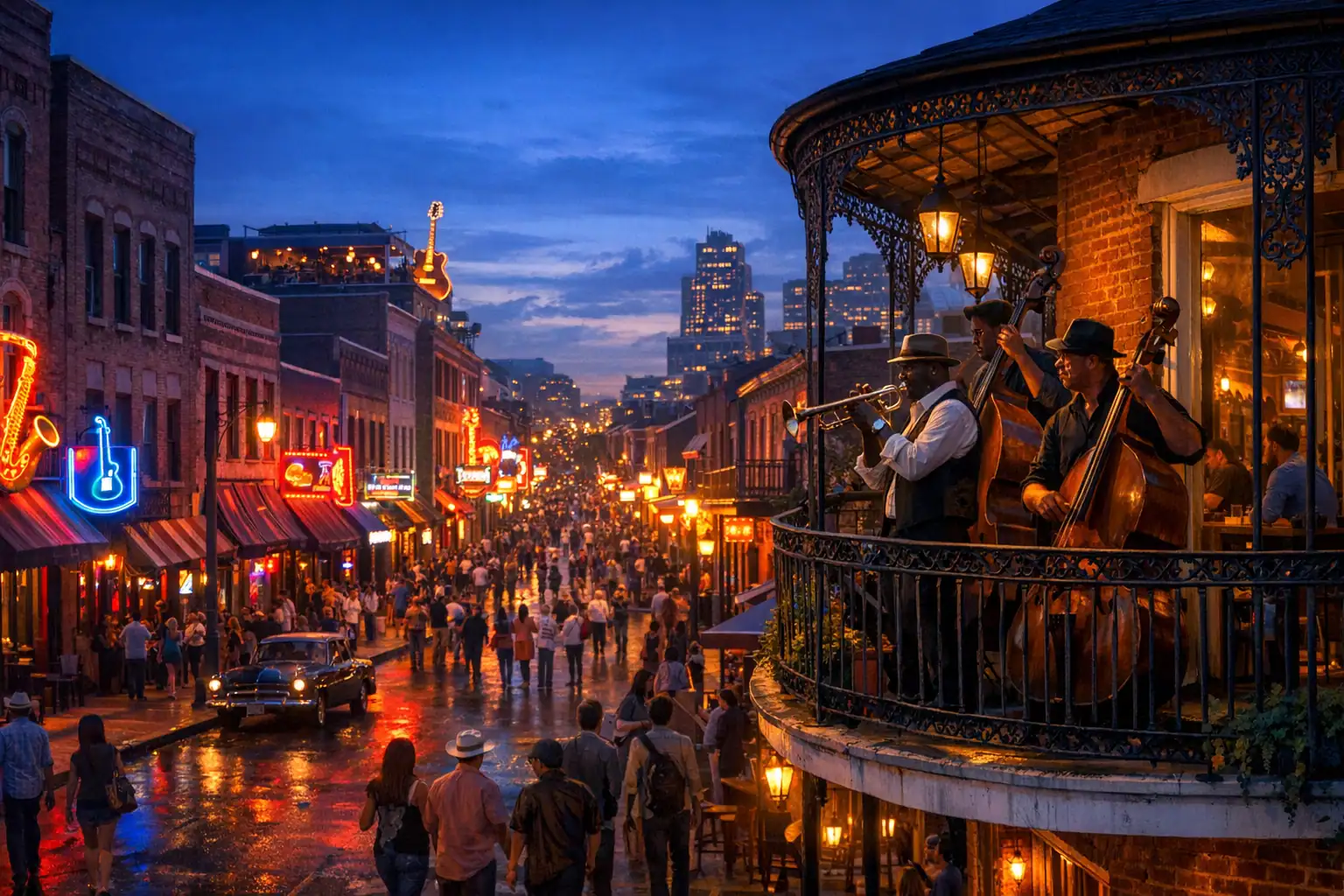 Neonverlichte Beale Street in Memphis met muziekclubs die overvloeien in Nashville's Broadway honky tonks