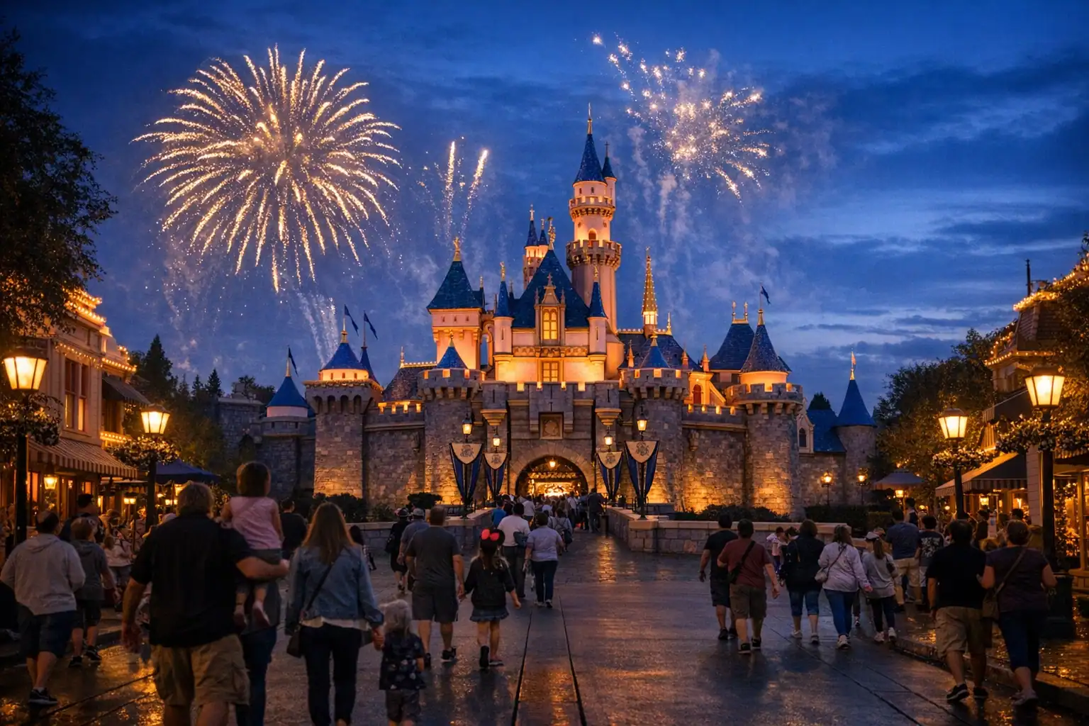 Sleeping Beauty Castle in Disneyland Anaheim bij schemering met vuurwerk, verlichte Main Street en families