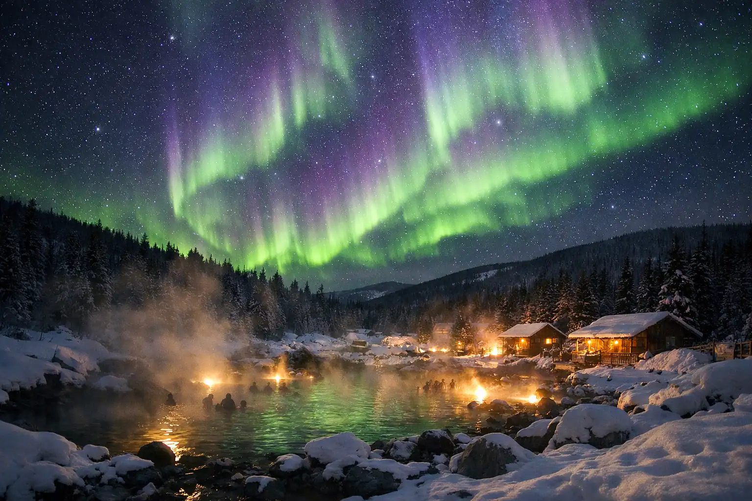 Noorderlicht in groene en paarse tinten boven Chena Hot Springs bij Fairbanks Alaska met sneeuwlandschap en stomend water