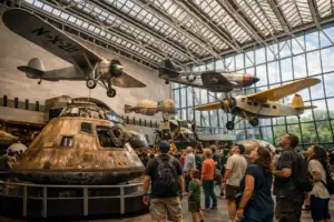 Interieur Smithsonian Air and Space Museum met historische vliegtuigen aan het plafond en Apollo capsule