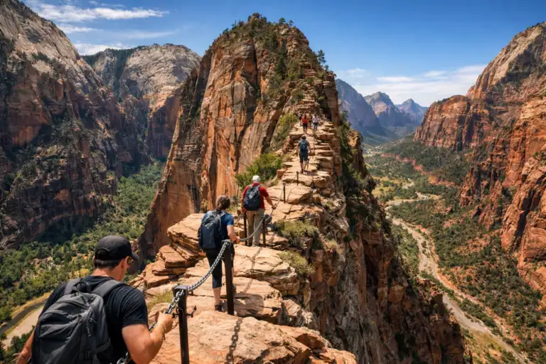 Angels Landing trail in Zion National Park met smal rotspad, kettingen en diepe canyon aan weerszijden