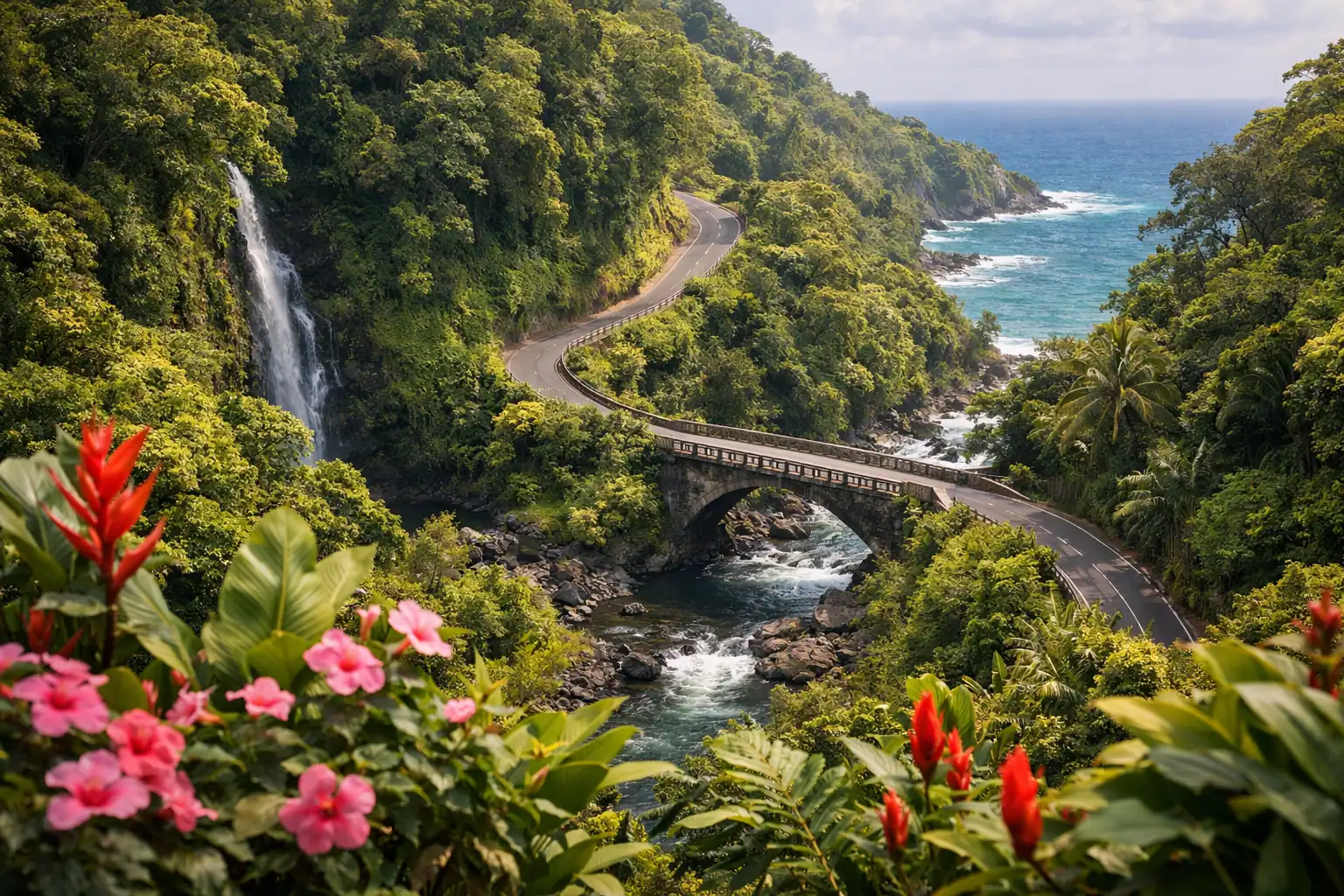 Road to Hana op Maui met kronkelende kustweg door tropisch regenwoud, waterval en turquoise oceaan
