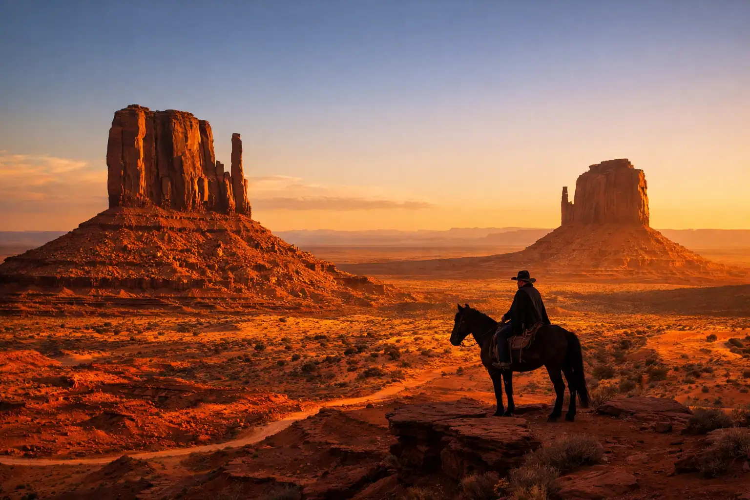 Monument Valley bij gouden uurlicht met iconische buttes en silhouet van Navajo-gids te paard in de rode woestijn
