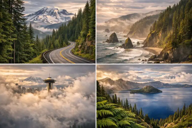 Weelderige bergweg door groenblijvend bos in de Pacific Northwest met Mount Rainier op de achtergrond