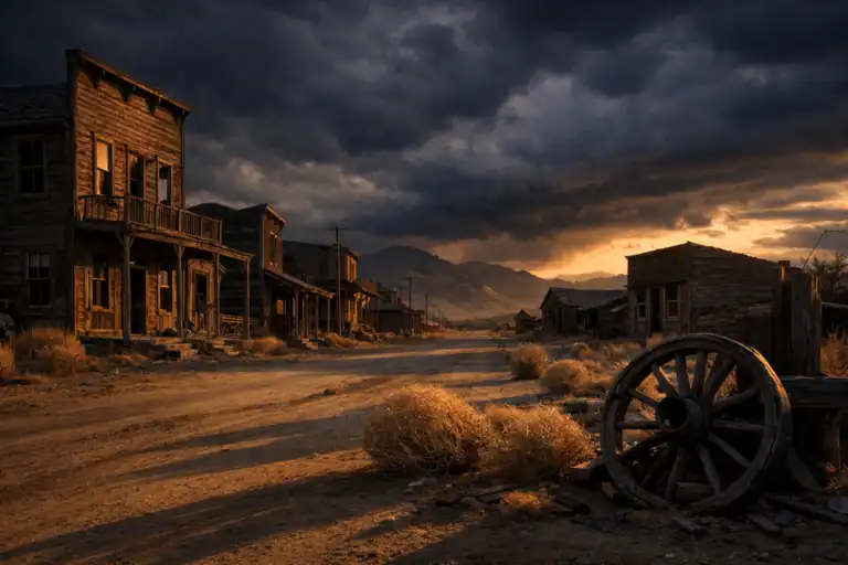 Verlaten houten gebouwen aan een stoffige hoofdstraat van een Amerikaanse spookstad met onweerswolken