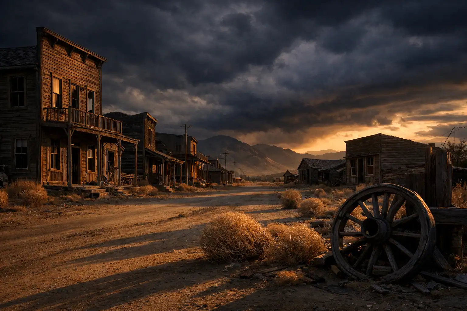 Verlaten houten gebouwen aan een stoffige hoofdstraat van een Amerikaanse spookstad met onweerswolken
